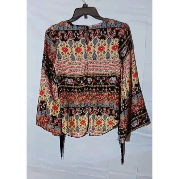 See You Monday Womens Medium Paisley Long Sleeve Black Fringed Cropped Top Boho - Picture 2 of 10